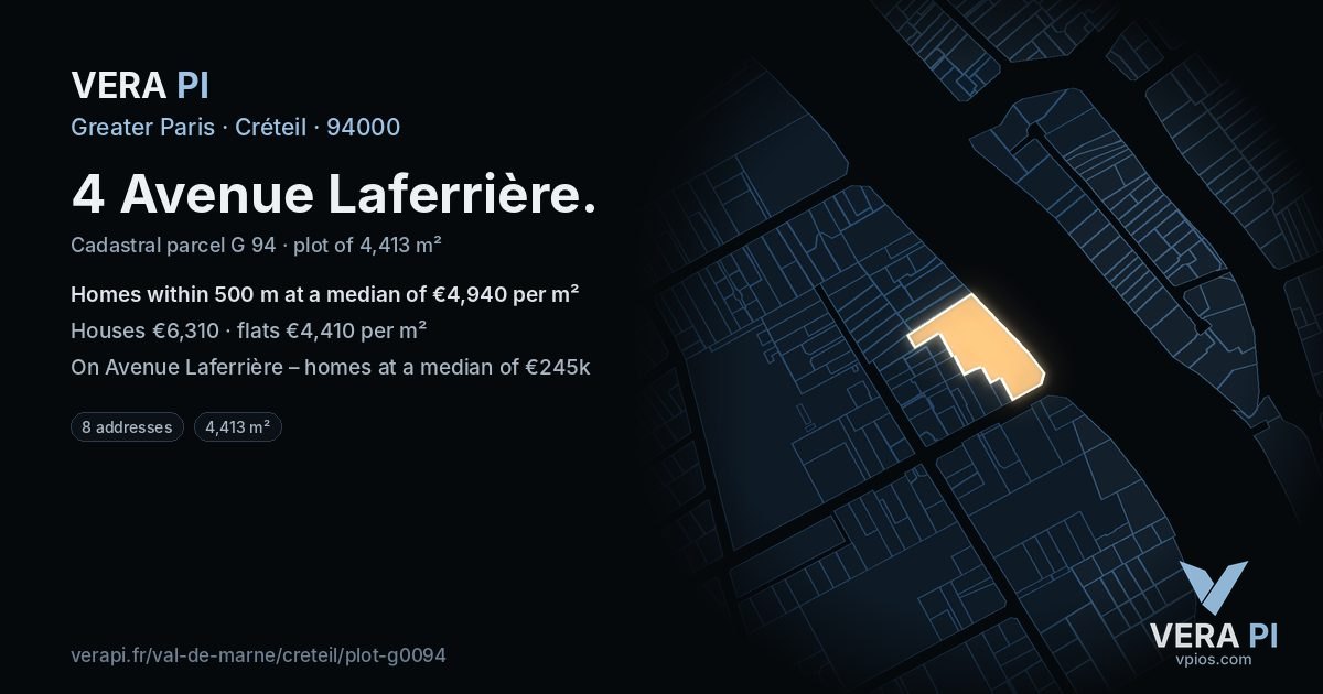 4 Avenue Laferrière, Créteil at night – the plot lit, the parcels around coloured by the prices near them