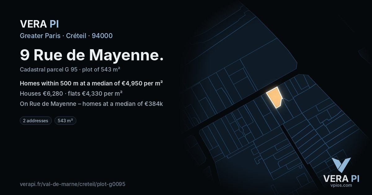 9 Rue de Mayenne, Créteil at night – the plot lit, the parcels around coloured by the prices near them