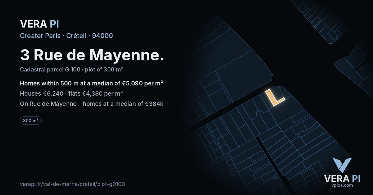 3 Rue de Mayenne, Créteil at night – the plot lit, the parcels around coloured by the prices near them