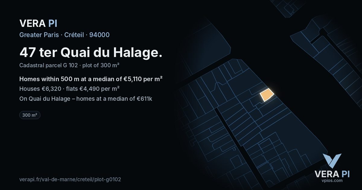 47 ter Quai du Halage, Créteil at night – the plot lit, the parcels around coloured by the prices near them