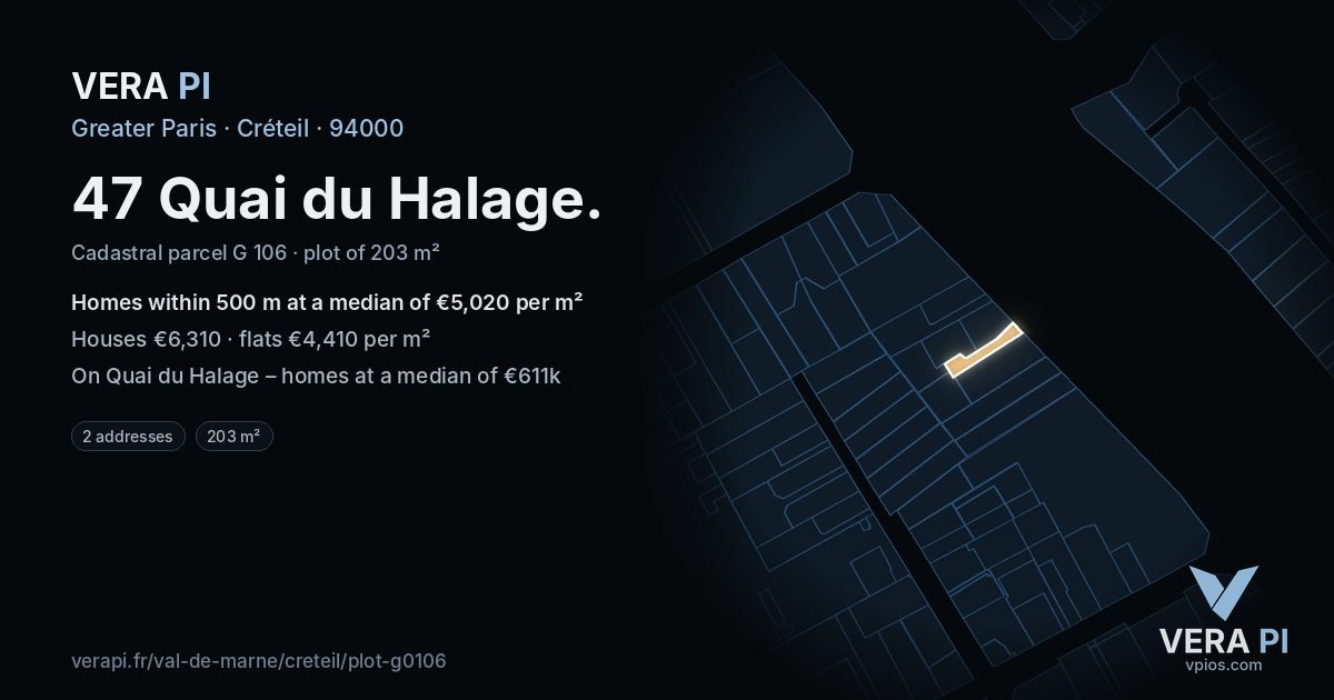 47 Quai du Halage, Créteil at night – the plot lit, the parcels around coloured by the prices near them