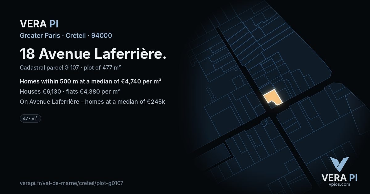 18 Avenue Laferrière, Créteil at night – the plot lit, the parcels around coloured by the prices near them