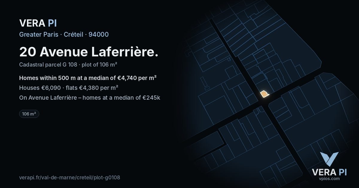 20 Avenue Laferrière, Créteil at night – the plot lit, the parcels around coloured by the prices near them
