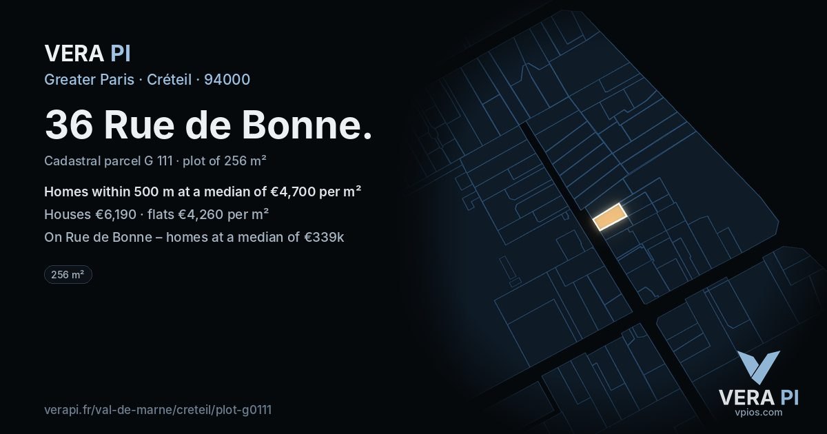 36 Rue de Bonne, Créteil at night – the plot lit, the parcels around coloured by the prices near them