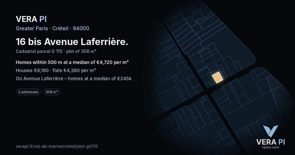 16 bis Avenue Laferrière, Créteil at night – the plot lit, the parcels around coloured by the prices near them
