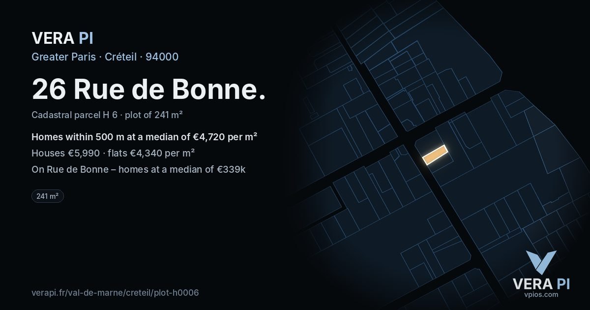 26 Rue de Bonne, Créteil at night – the plot lit, the parcels around coloured by the prices near them