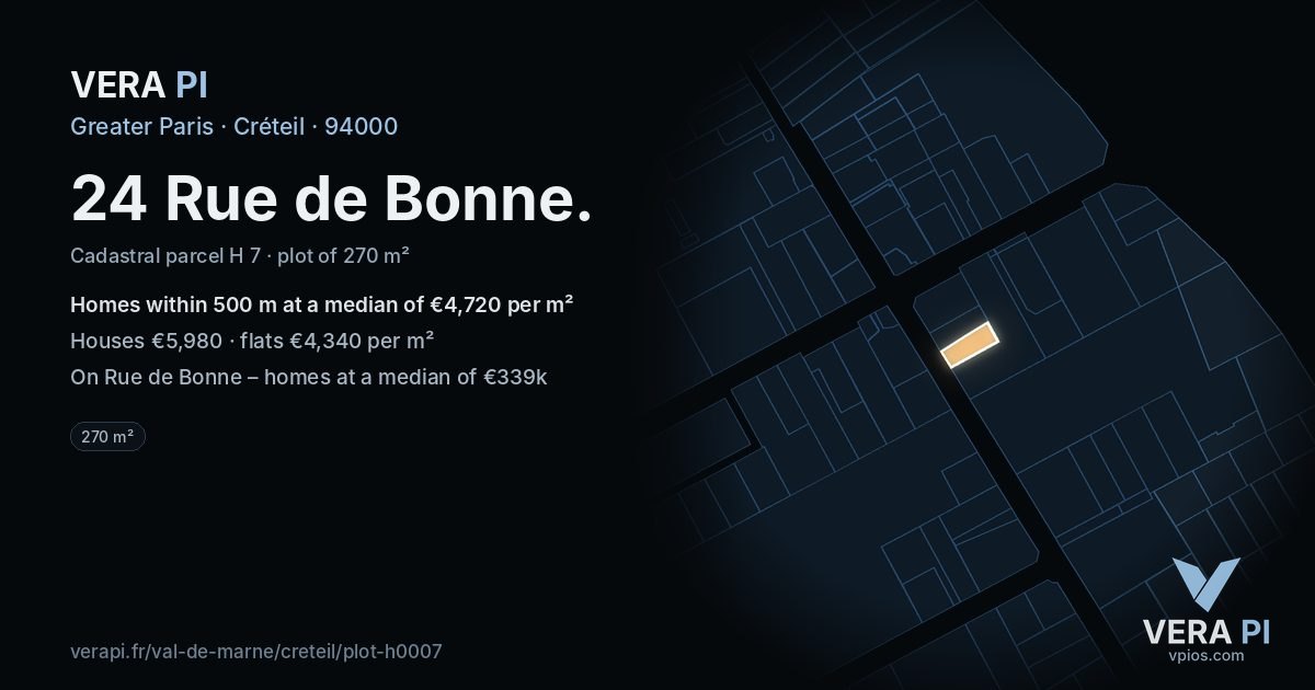 24 Rue de Bonne, Créteil at night – the plot lit, the parcels around coloured by the prices near them
