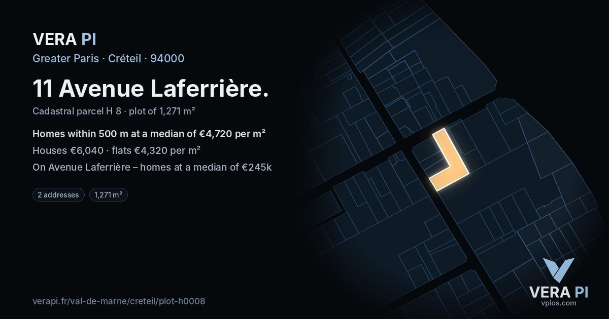 11 Avenue Laferrière, Créteil at night – the plot lit, the parcels around coloured by the prices near them