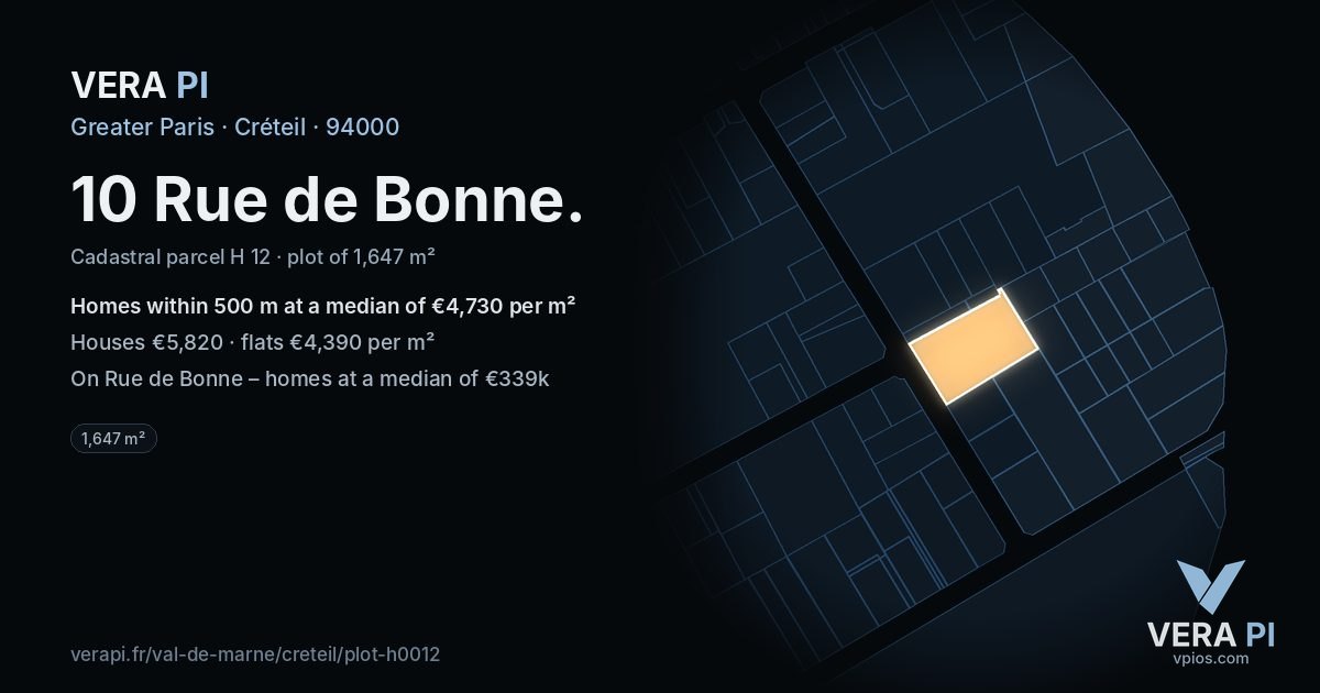 10 Rue de Bonne, Créteil at night – the plot lit, the parcels around coloured by the prices near them