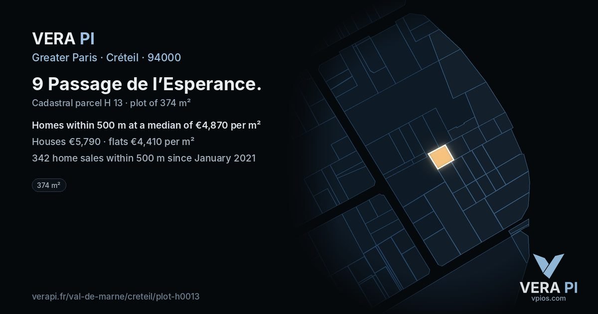 9 Passage de l’Esperance, Créteil at night – the plot lit, the parcels around coloured by the prices near them