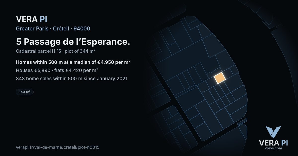 5 Passage de l’Esperance, Créteil at night – the plot lit, the parcels around coloured by the prices near them