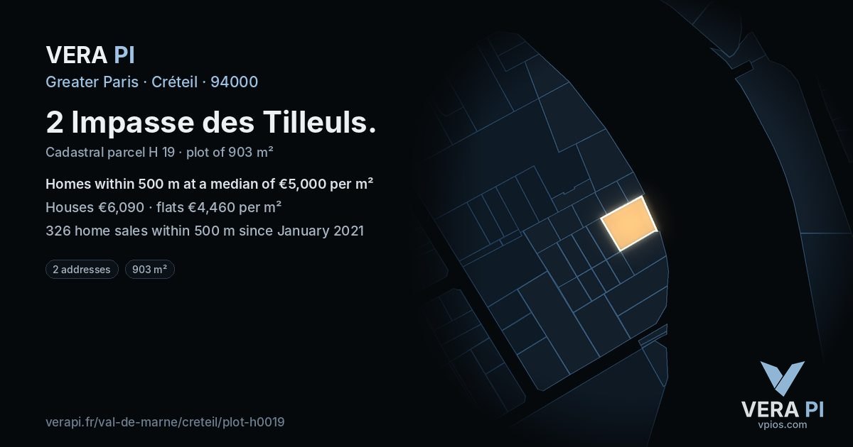 2 Impasse des Tilleuls, Créteil at night – the plot lit, the parcels around coloured by the prices near them