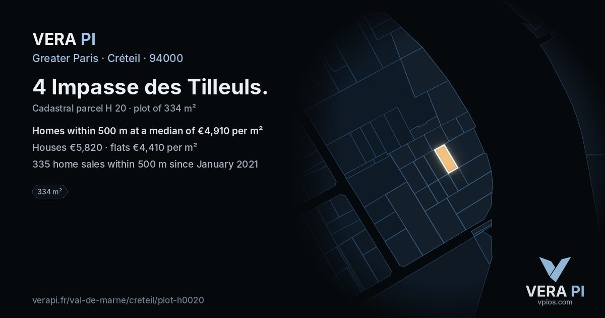 4 Impasse des Tilleuls, Créteil at night – the plot lit, the parcels around coloured by the prices near them