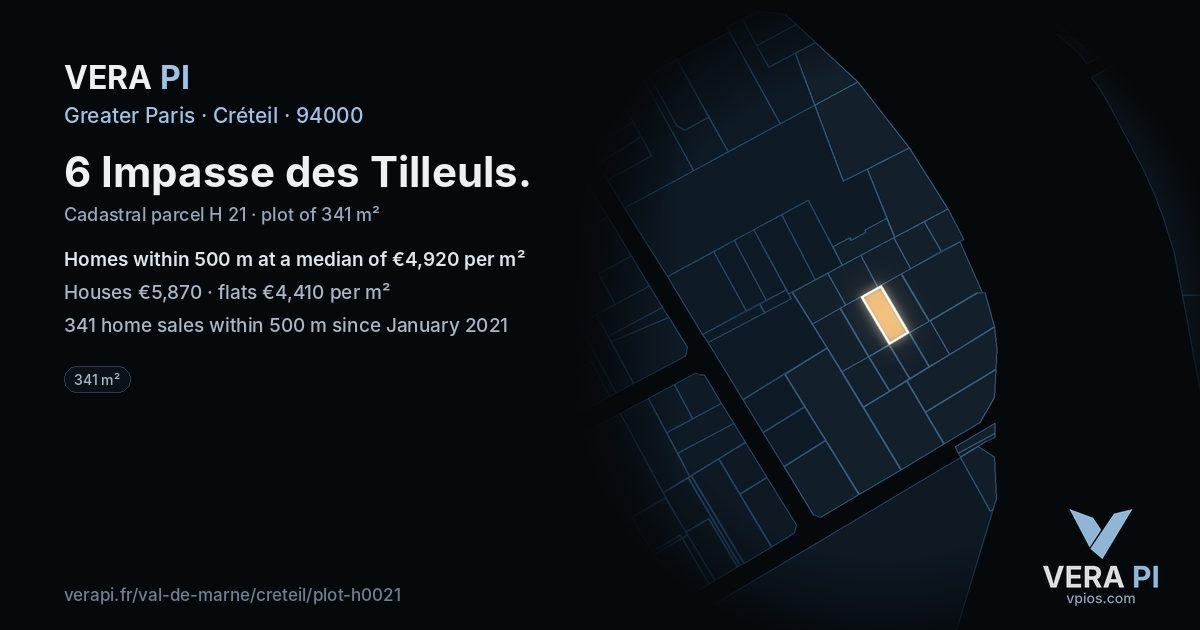 6 Impasse des Tilleuls, Créteil at night – the plot lit, the parcels around coloured by the prices near them