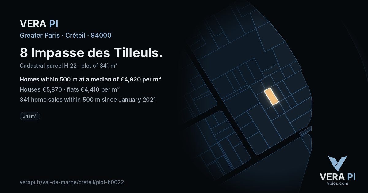 8 Impasse des Tilleuls, Créteil at night – the plot lit, the parcels around coloured by the prices near them