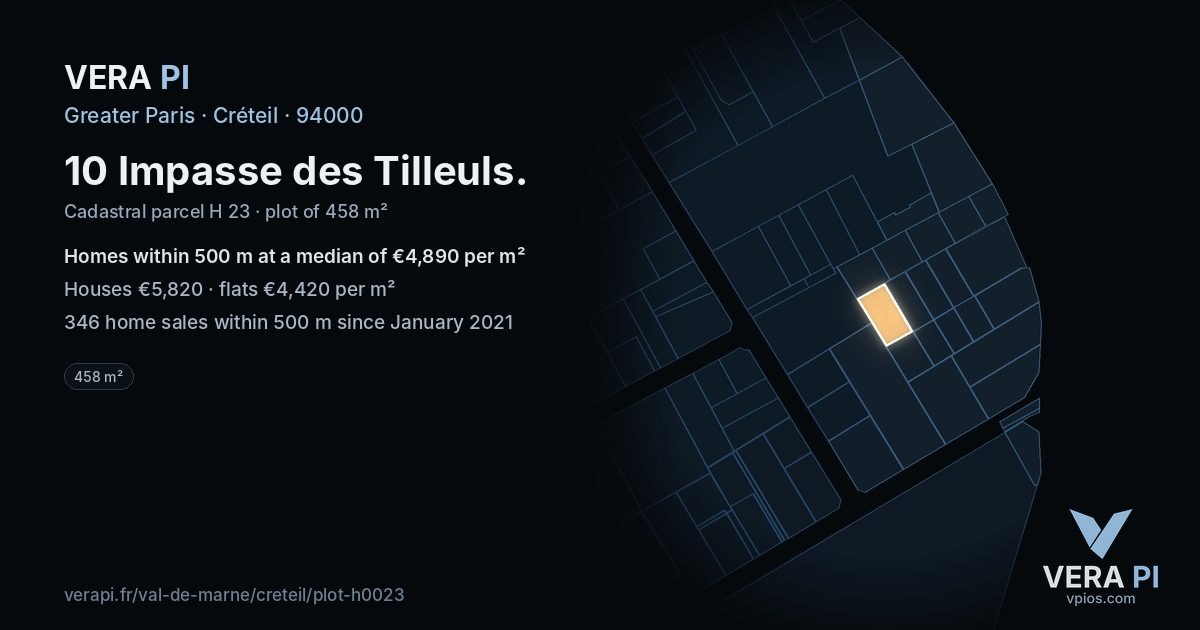 10 Impasse des Tilleuls, Créteil at night – the plot lit, the parcels around coloured by the prices near them