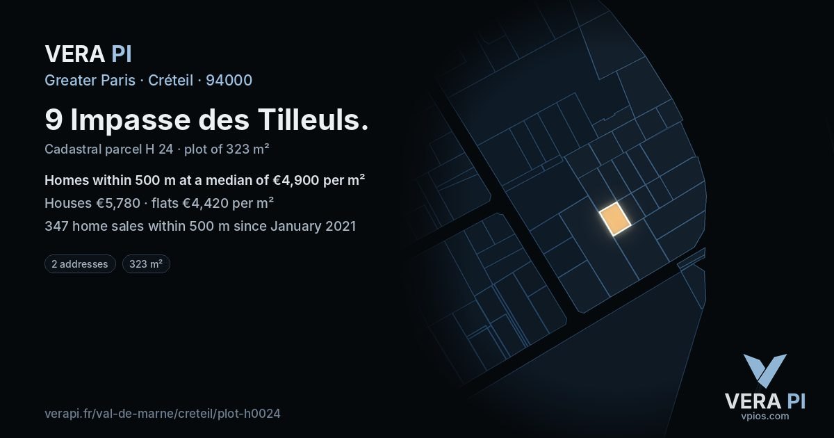 9 Impasse des Tilleuls, Créteil at night – the plot lit, the parcels around coloured by the prices near them