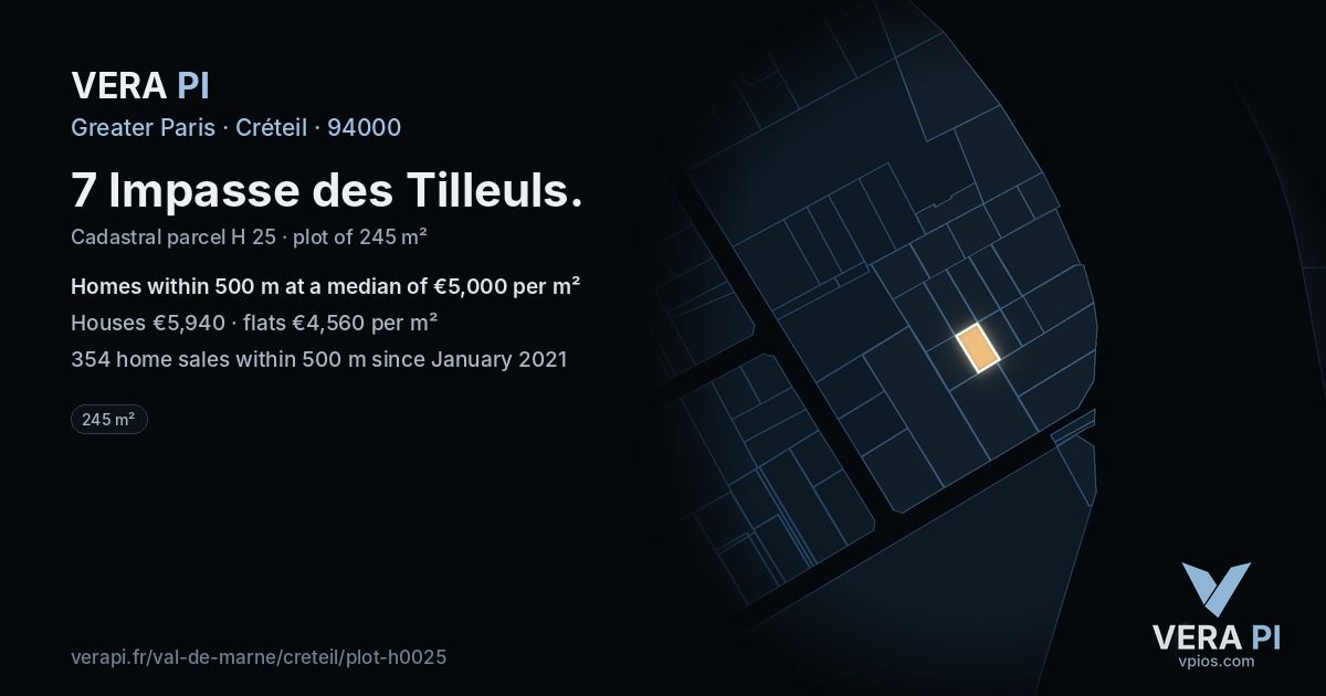 7 Impasse des Tilleuls, Créteil at night – the plot lit, the parcels around coloured by the prices near them