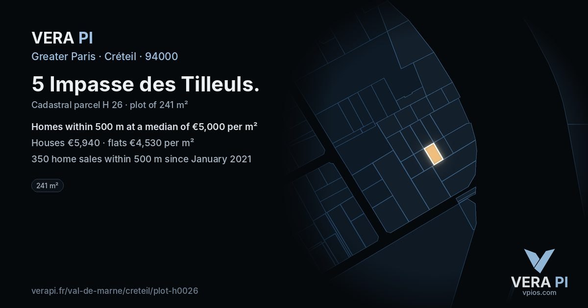 5 Impasse des Tilleuls, Créteil at night – the plot lit, the parcels around coloured by the prices near them