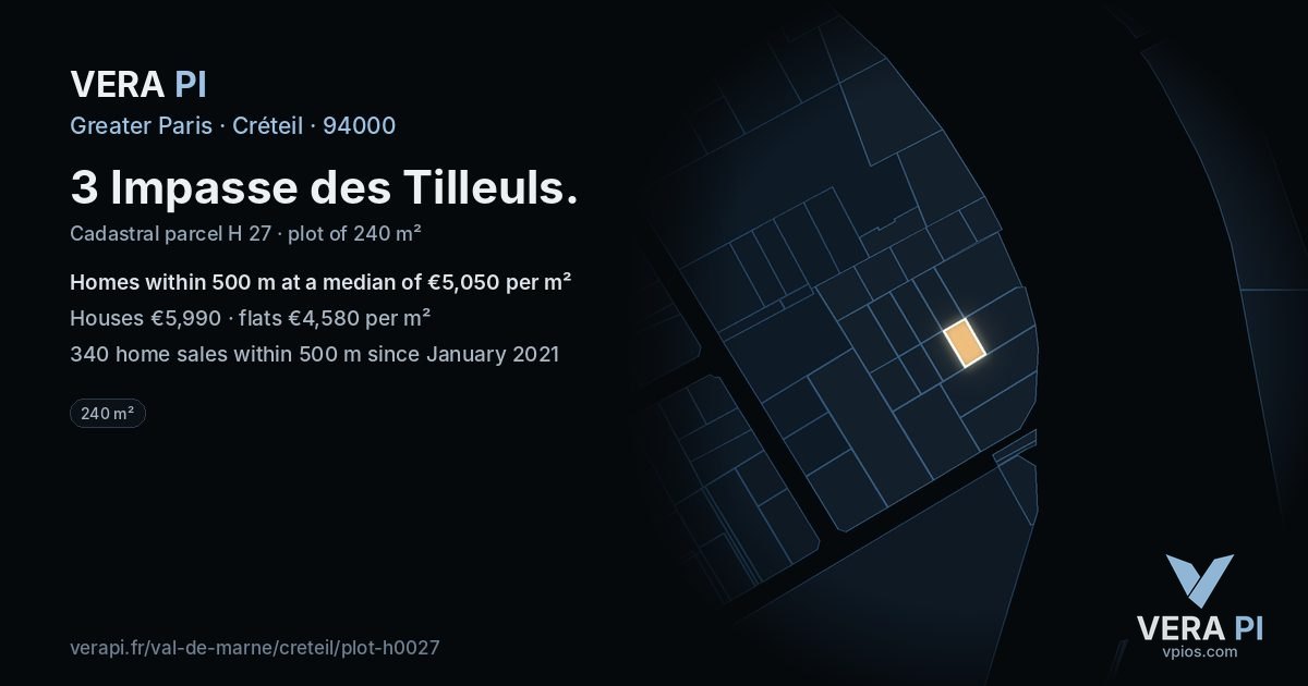 3 Impasse des Tilleuls, Créteil at night – the plot lit, the parcels around coloured by the prices near them