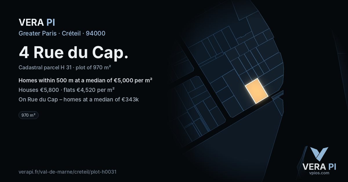 4 Rue du Cap, Créteil at night – the plot lit, the parcels around coloured by the prices near them