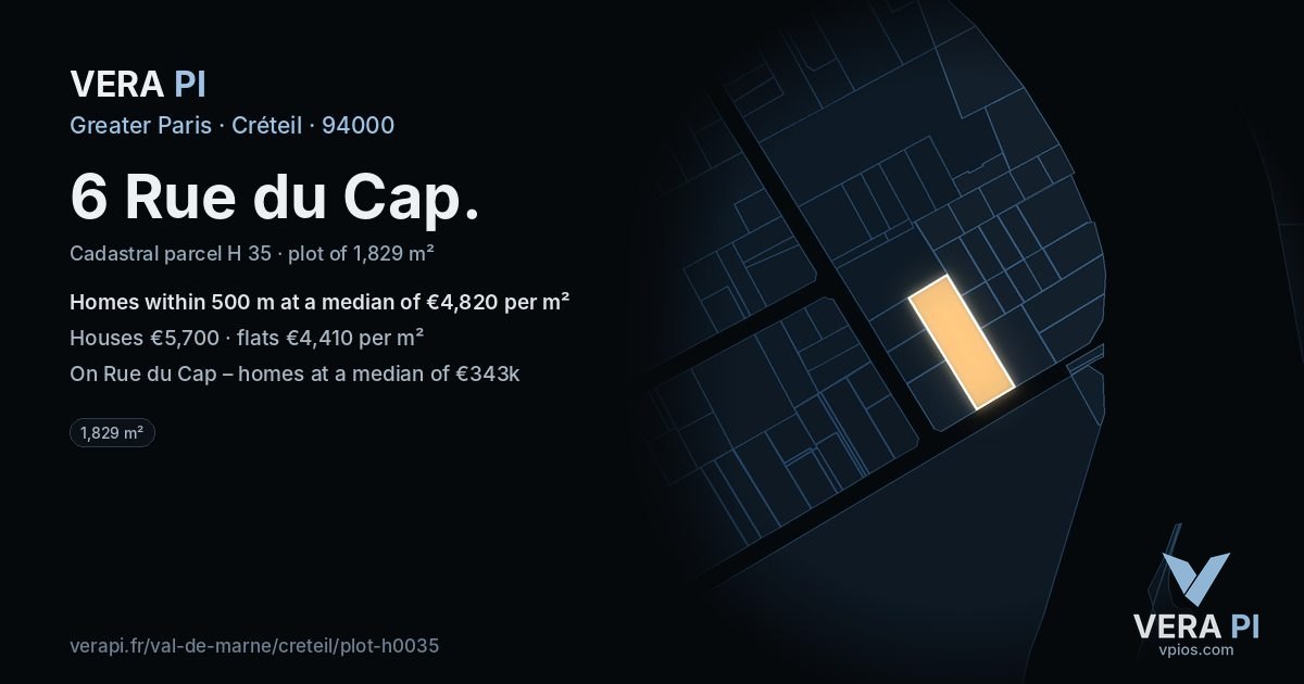 6 Rue du Cap, Créteil at night – the plot lit, the parcels around coloured by the prices near them