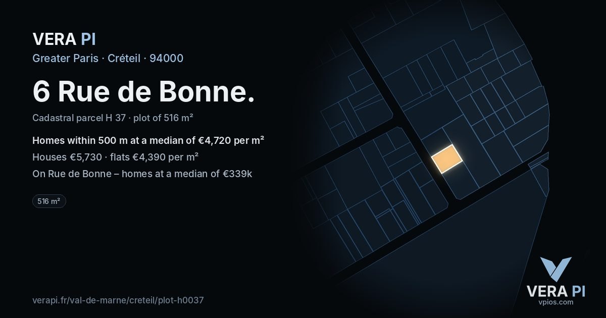 6 Rue de Bonne, Créteil at night – the plot lit, the parcels around coloured by the prices near them