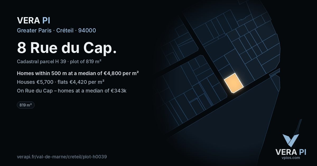 8 Rue du Cap, Créteil at night – the plot lit, the parcels around coloured by the prices near them