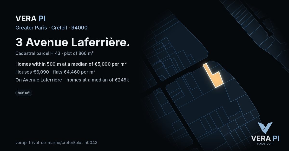 3 Avenue Laferrière, Créteil at night – the plot lit, the parcels around coloured by the prices near them