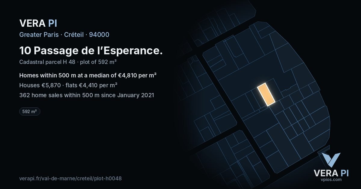 10 Passage de l’Esperance, Créteil at night – the plot lit, the parcels around coloured by the prices near them