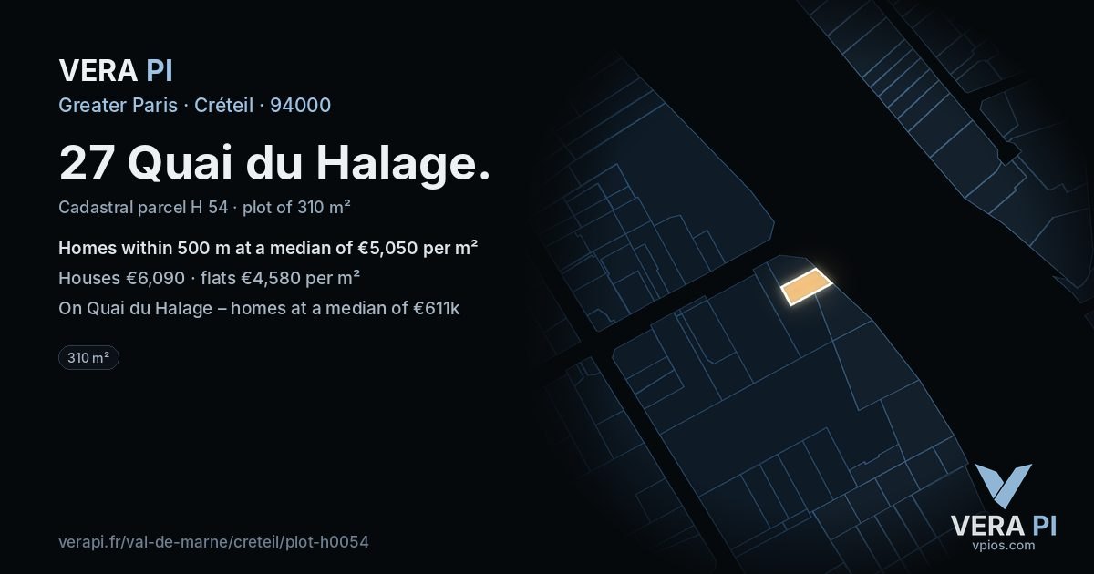 27 Quai du Halage, Créteil at night – the plot lit, the parcels around coloured by the prices near them