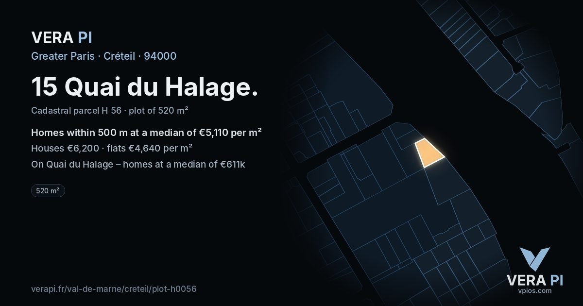 15 Quai du Halage, Créteil at night – the plot lit, the parcels around coloured by the prices near them
