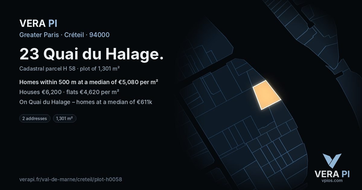 23 Quai du Halage, Créteil at night – the plot lit, the parcels around coloured by the prices near them