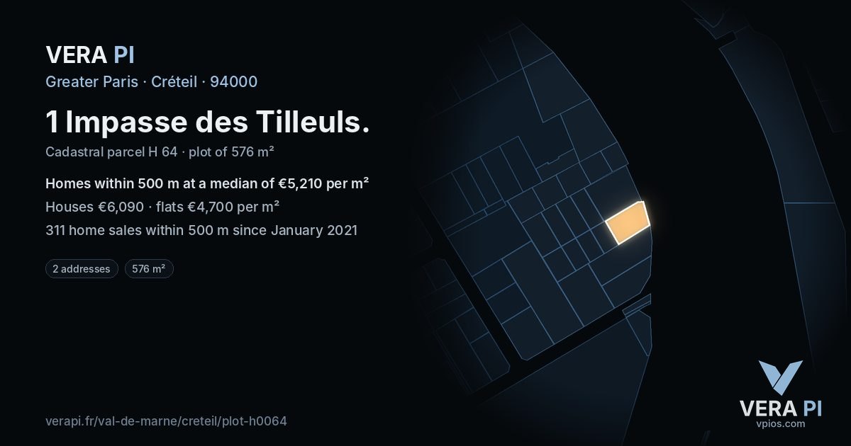 1 Impasse des Tilleuls, Créteil at night – the plot lit, the parcels around coloured by the prices near them