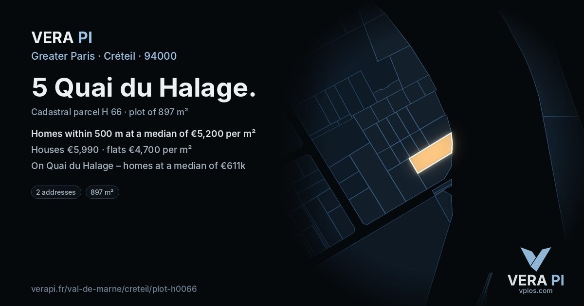 5 Quai du Halage, Créteil at night – the plot lit, the parcels around coloured by the prices near them