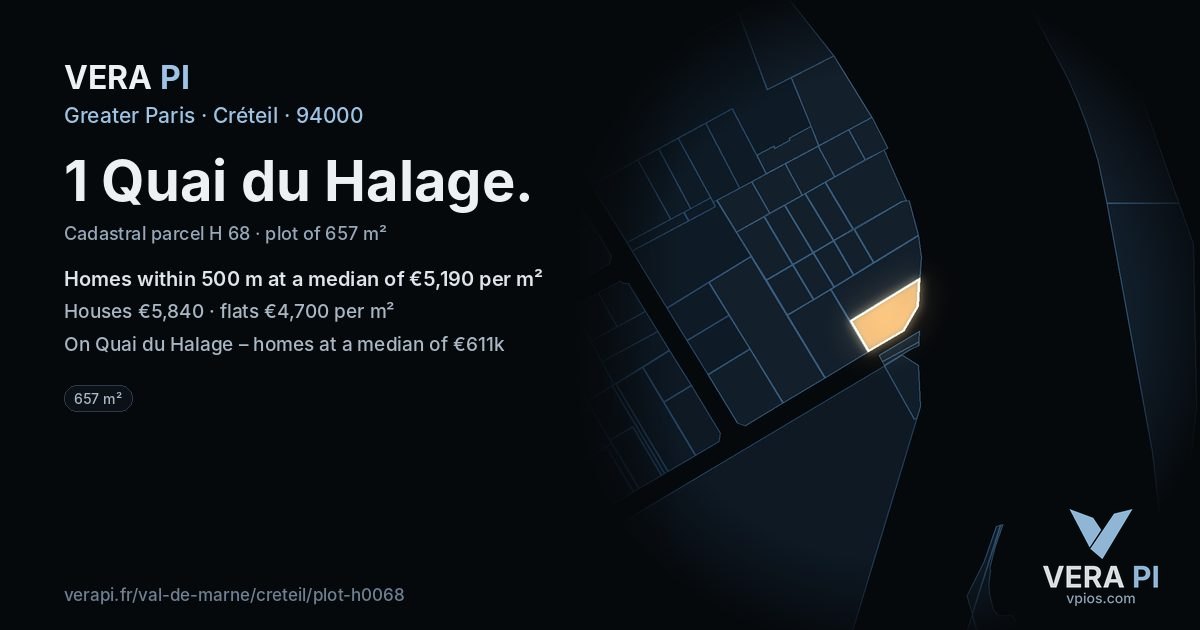 1 Quai du Halage, Créteil at night – the plot lit, the parcels around coloured by the prices near them