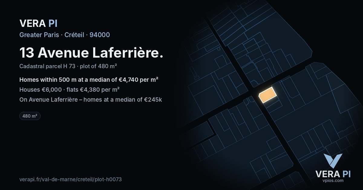 13 Avenue Laferrière, Créteil at night – the plot lit, the parcels around coloured by the prices near them