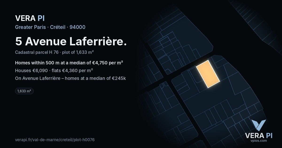 5 Avenue Laferrière, Créteil at night – the plot lit, the parcels around coloured by the prices near them