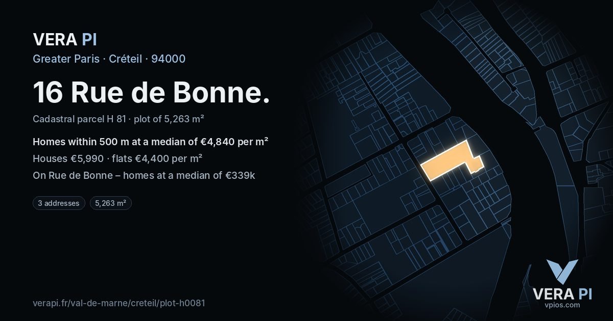 16 Rue de Bonne, Créteil at night – the plot lit, the parcels around coloured by the prices near them