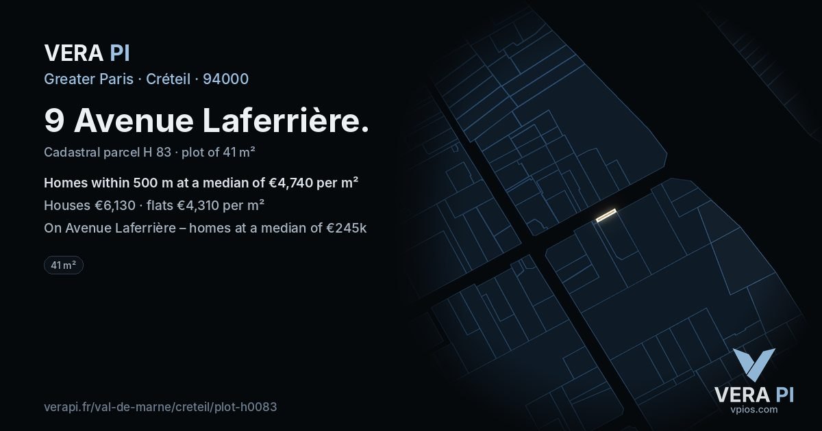 9 Avenue Laferrière, Créteil at night – the plot lit, the parcels around coloured by the prices near them
