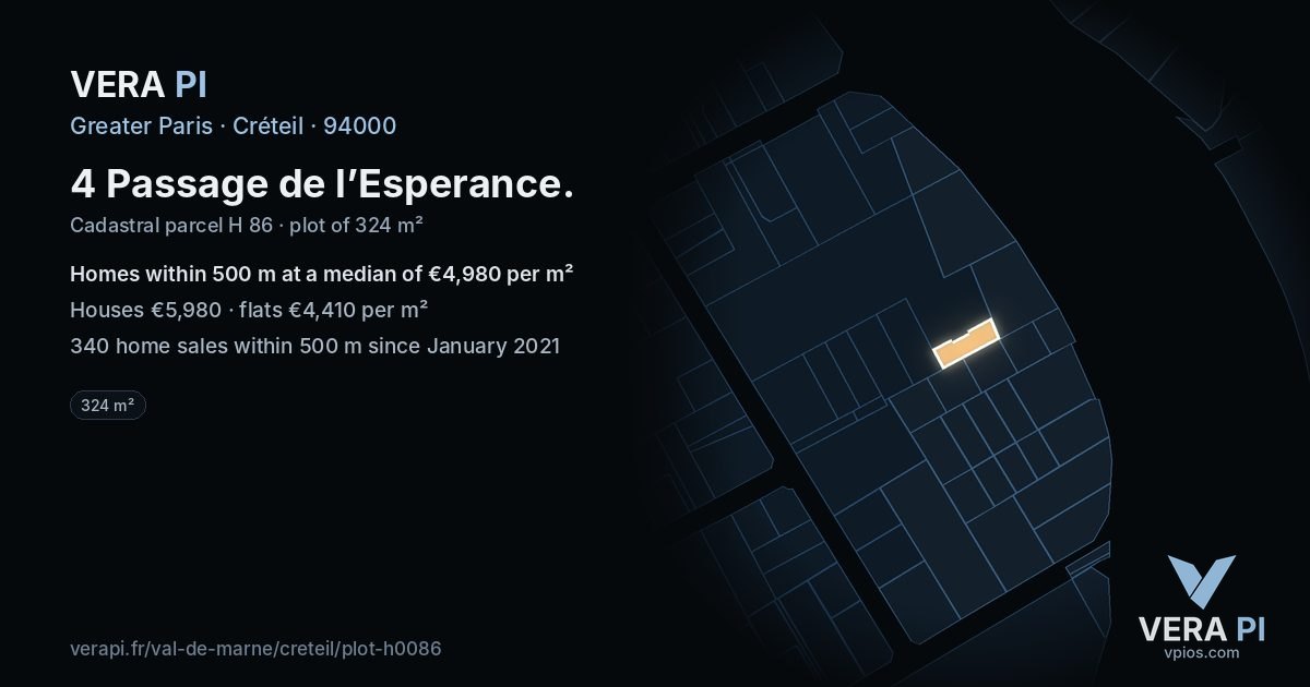 4 Passage de l’Esperance, Créteil at night – the plot lit, the parcels around coloured by the prices near them