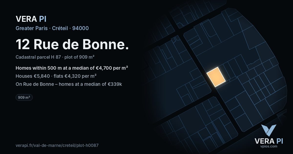 12 Rue de Bonne, Créteil at night – the plot lit, the parcels around coloured by the prices near them