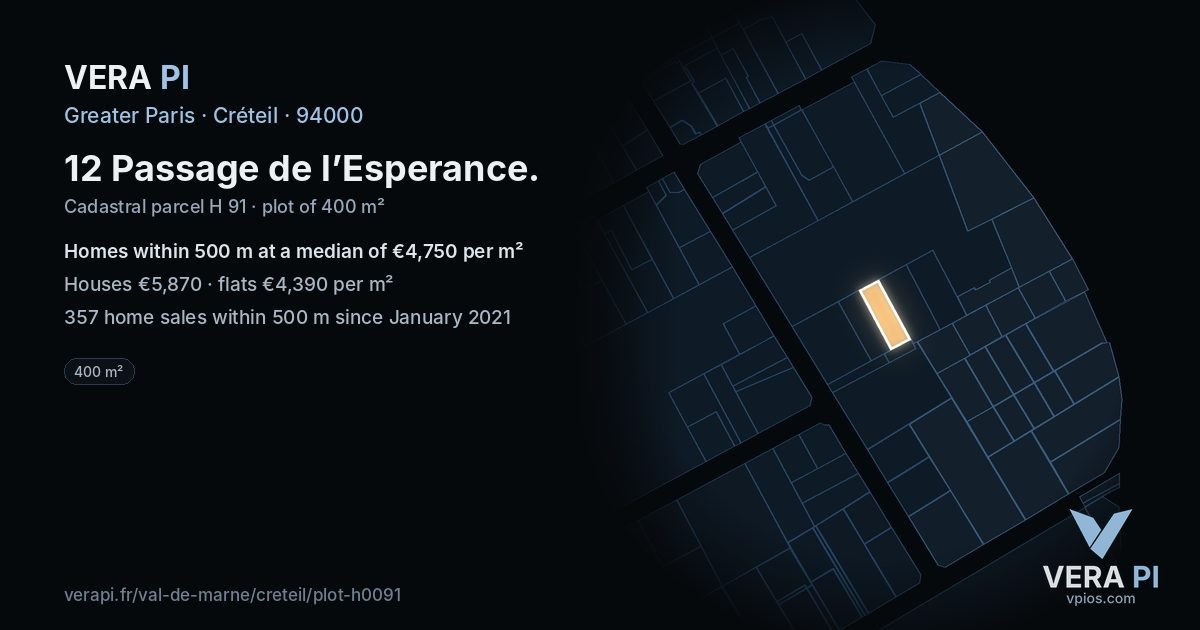 12 Passage de l’Esperance, Créteil at night – the plot lit, the parcels around coloured by the prices near them
