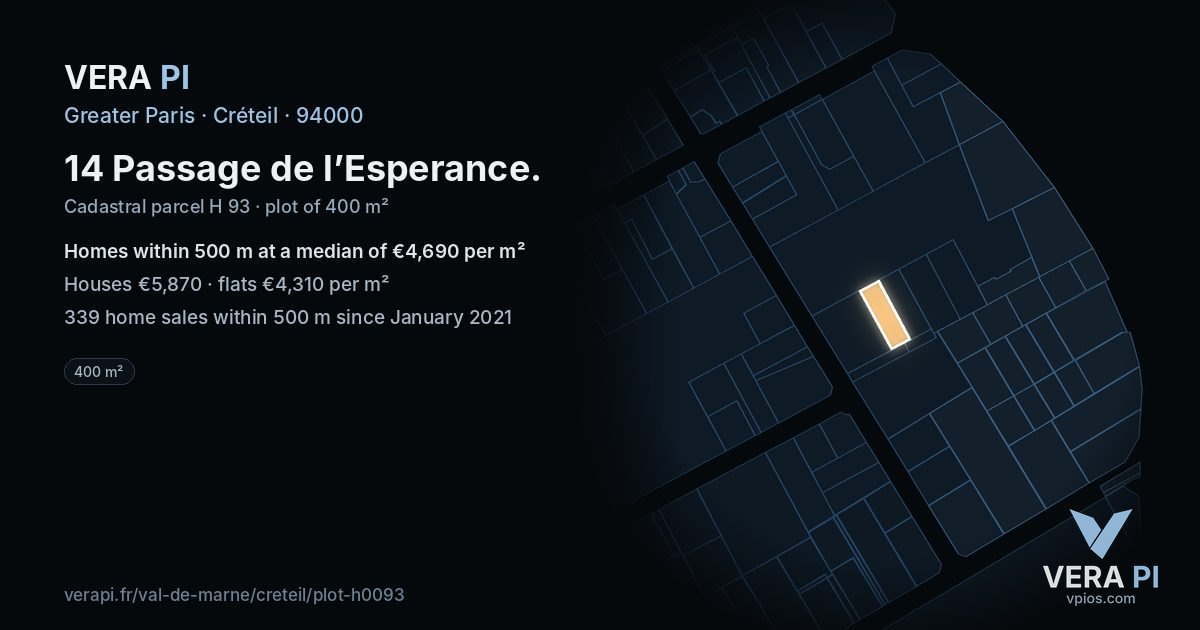 14 Passage de l’Esperance, Créteil at night – the plot lit, the parcels around coloured by the prices near them