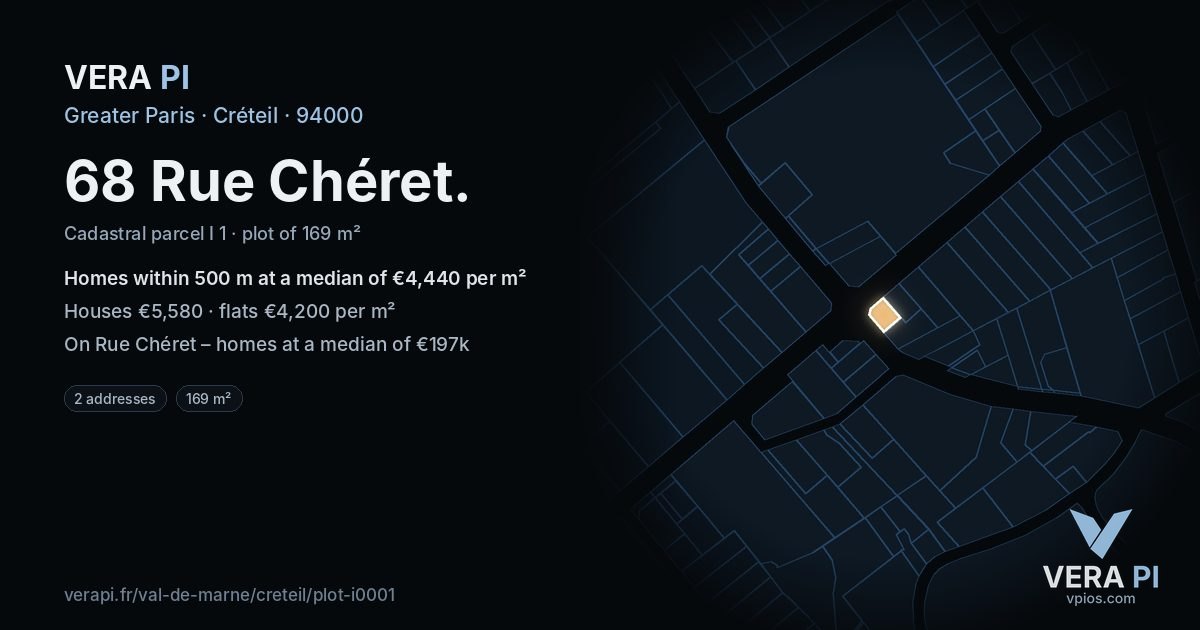 68 Rue Chéret, Créteil at night – the plot lit, the parcels around coloured by the prices near them