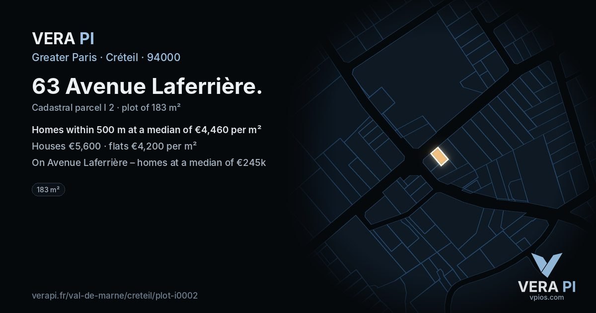 63 Avenue Laferrière, Créteil at night – the plot lit, the parcels around coloured by the prices near them
