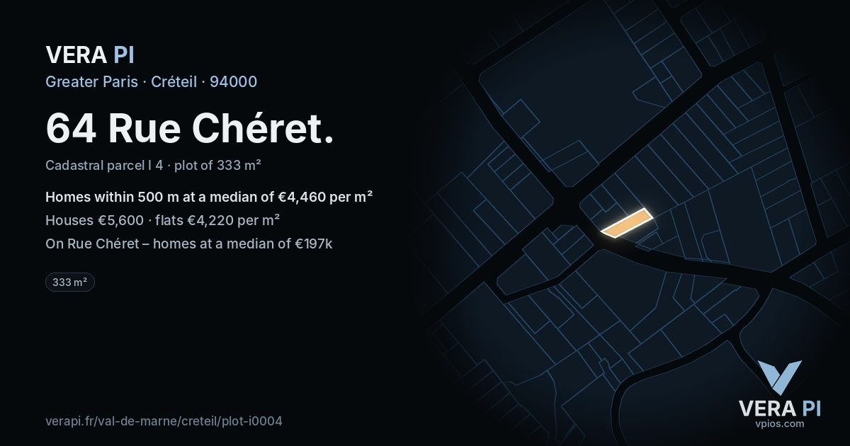 64 Rue Chéret, Créteil at night – the plot lit, the parcels around coloured by the prices near them