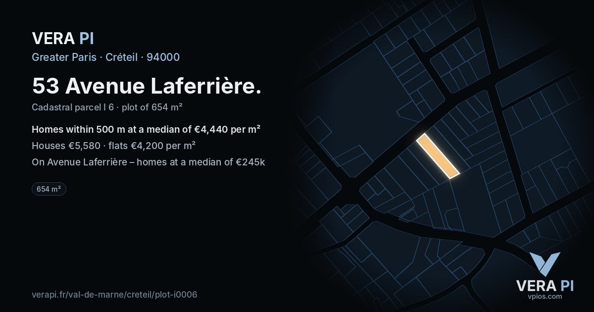 53 Avenue Laferrière, Créteil at night – the plot lit, the parcels around coloured by the prices near them