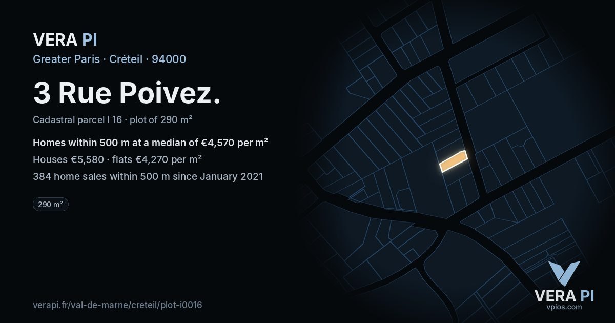 3 Rue Poivez, Créteil at night – the plot lit, the parcels around coloured by the prices near them