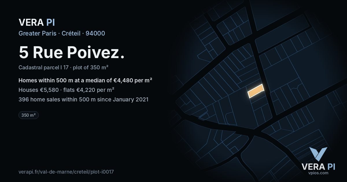5 Rue Poivez, Créteil at night – the plot lit, the parcels around coloured by the prices near them